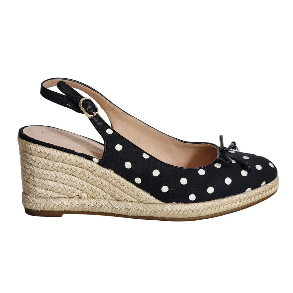 KATE SPADE Panama Night Black White Polka Dot Slingback Espadrille Wedges Size 8